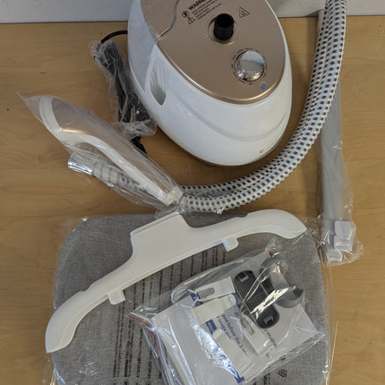 HAPAIS 1800W Standing Garment Steamer with Adjustable Double Pole, 2L Tank, 10 Fabric Settings, White Gold