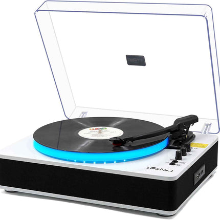 LP&No.1 Record Player with Built-in Stereo Speakers, LED Control, 3-Speed Belt-D