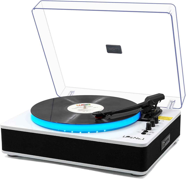 LP&No.1 Record Player with Built-in Stereo Speakers, LED Control, 3-Speed Belt-D