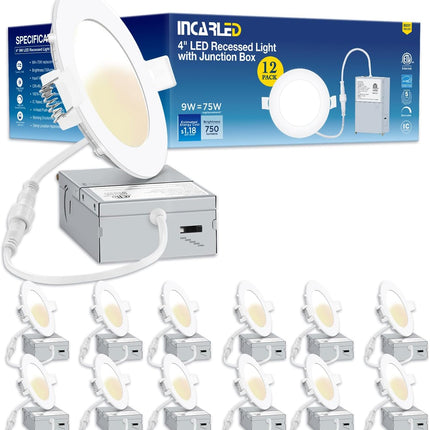 INCARLED 4Inch 5CCT LED Recessed Slim Pot Light with Junction Box, 2700K-5000K C