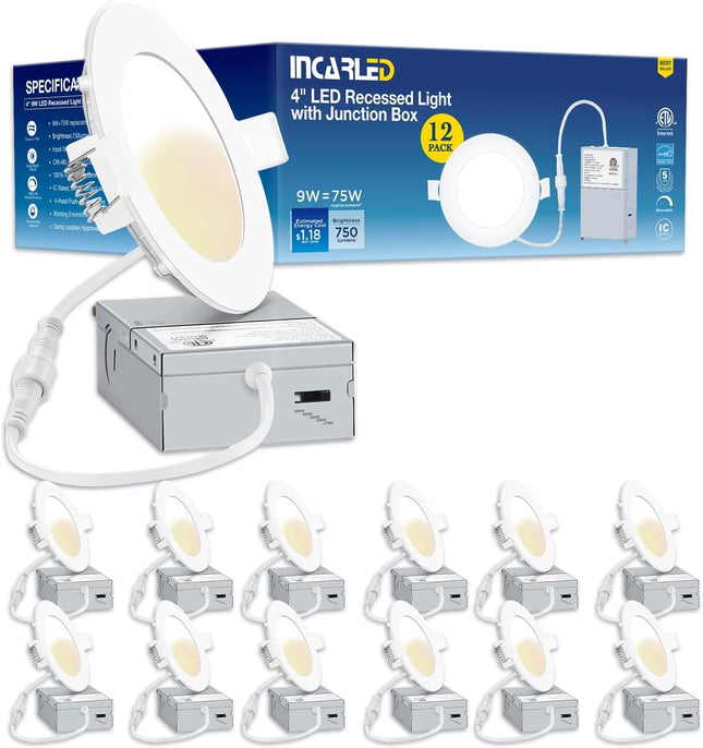 INCARLED 4Inch 5CCT LED Recessed Slim Pot Light with Junction Box, 2700K-5000K C