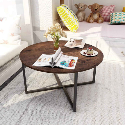 Round Living Room Coffee Table with X Base Metal Frame, Accent Furniture for Home Office, Black+Brown