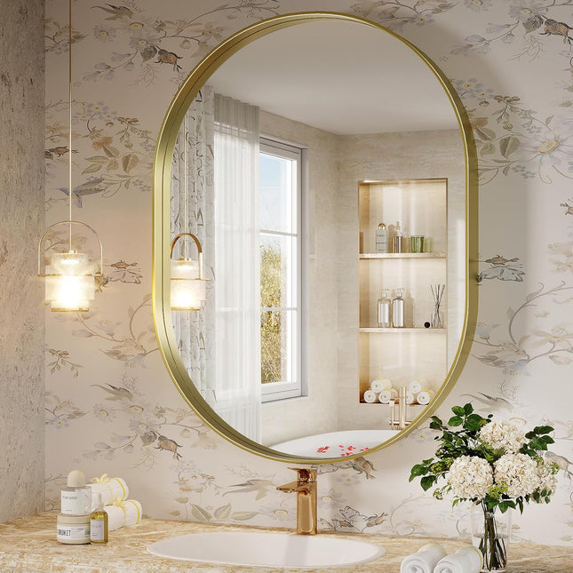 JIINGYO Oval Mirror, 24"×32" Gold Bathroom Mirror, Oval Mirror for Bathroom