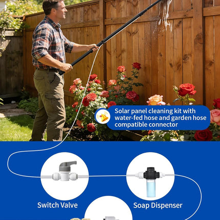 PureSwirlz 20 ft Water-Fed Solar Panel Cleaning Kit, Electric Washing Brush with Soap Dispenser, Black
