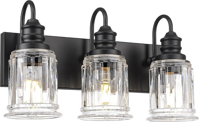 HWH 3-Light Matte Black Bathroom Vanity Light, 18 in Wall Fixture with Fluted Clear Glass Shades, ETL Listed