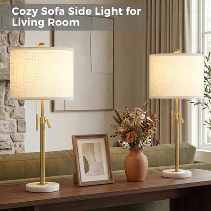 Table Lamp Set of 2, 22-30 inch Height Adjustable Modern Nightstand Lamps with Marble Base & Beige Linen Shades