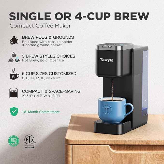 Tastyle Single Serve Hot & Iced Coffee Maker with Strong Brew, 40oz Removable Re
