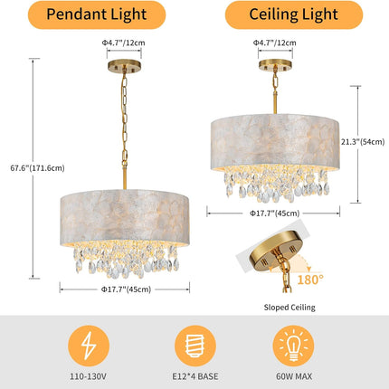 LumFurn 4-Light Capiz Shell Drum Crystal Chandeliers, Perfect Light Fixture for