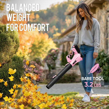 STEELITE 21V Cordless Leaf Blower, 150 MPH 600 CFM Airflow, 6-Speed, Lightweight 3.2 lb with 2 Batteries & Charger, Pink