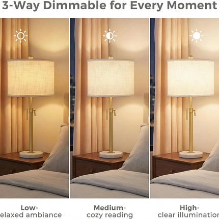 Table Lamp Set of 2, 22-30 inch Height Adjustable Modern Nightstand Lamps with Marble Base & Beige Linen Shades