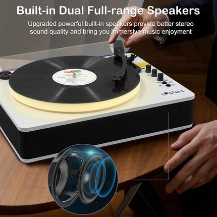 LP&No.1 Record Player with Built-in Stereo Speakers, LED Control, 3-Speed Belt-D