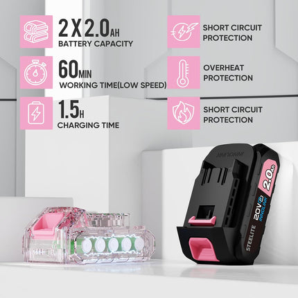 STEELITE 21V Cordless Leaf Blower, 150 MPH 600 CFM Airflow, 6-Speed, Lightweight 3.2 lb with 2 Batteries & Charger, Pink