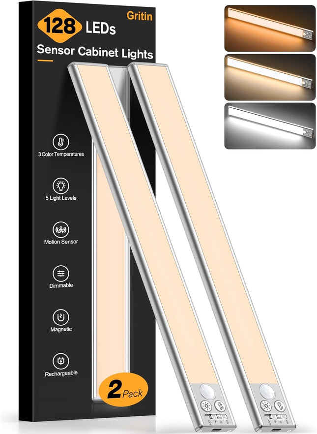 (NO MAGNETS) Gritin 14.7inch Under Cabinet Lighting Rechargeable 2 Pack-3 Color