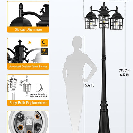 VIANIS Dusk to Dawn 3-Head Lamp Posts Outdoor Lighting, Modern Black Outdoor Pos