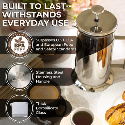 French Press Coffee Maker 34oz – Stainless Steel & Glass Coffee Press with 4-Lev