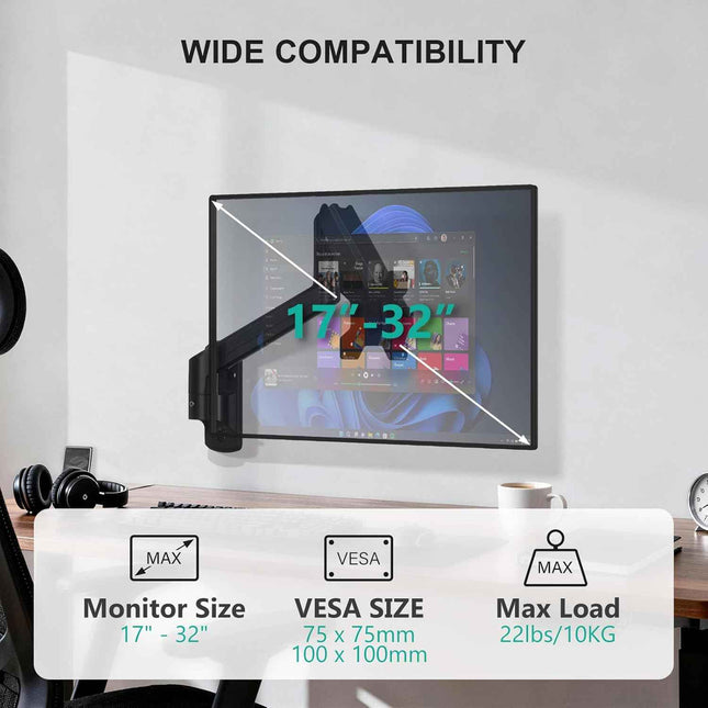 WALI Computer Monitor Wall Mount for 17 to 32 Inch Screens, Single Monitors Moun