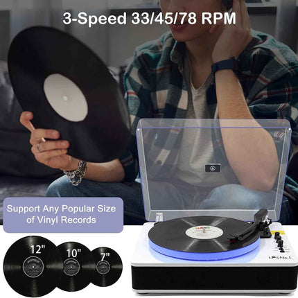 LP&No.1 Record Player with Built-in Stereo Speakers, LED Control, 3-Speed Belt-D