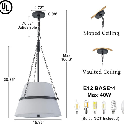 Modern Drum Chandelier for Dining Room 15.35" White Linen Fabric Pendant Light 4