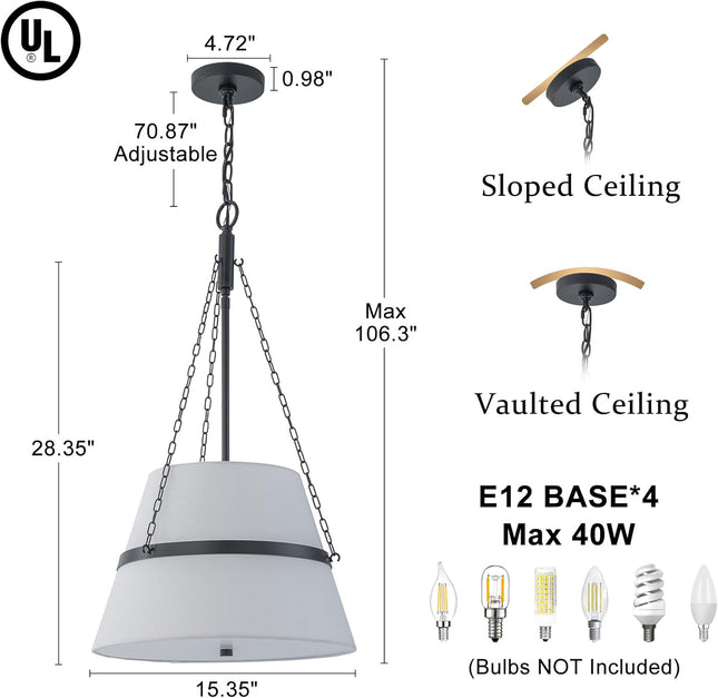 Modern Drum Chandelier for Dining Room 15.35" White Linen Fabric Pendant Light 4