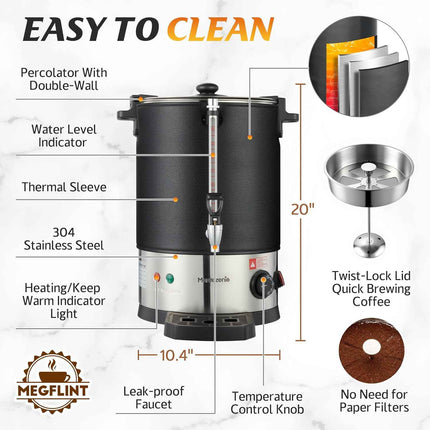 Megaflint 100 Cup Commercial Coffee Urn,Stainless Steel &Thermal Sleeve, 15L Lar