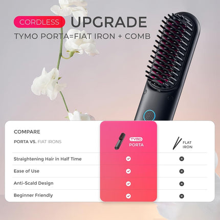 TYMO Cordless Hair Straightener Brush - Porta PRO Portable Straightening Brush f