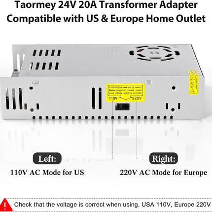 Taormey 24V 20A Power Supply Adapter, AC 110V/220V to DC 24V 20A 480W Converter