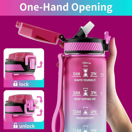 QLUR Water Bottle with Straw, 32oz Sports Motivational Water Bottle with Time Ma