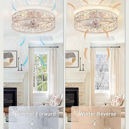 LEDIARY 23 Inch Caged Ceiling Fans with Lights, White Flush Mount Ceiling Fan wi