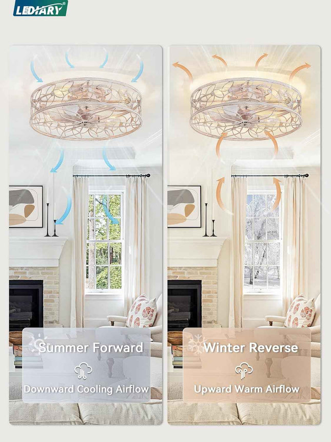 LEDIARY 23 Inch Caged Ceiling Fans with Lights, White Flush Mount Ceiling Fan wi
