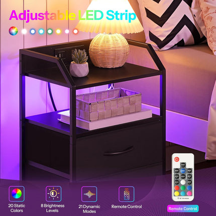 HOOBRO Nightstand with Charging Station, Bedside Table with AC Outlet, USB & Type-C, LED Light Strip, Fabric Drawer