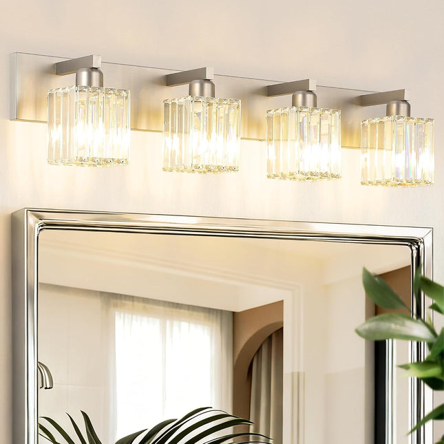 Aipsun 4-Light Crystal Modern Bathroom Vanity Light, Brushed Nickel