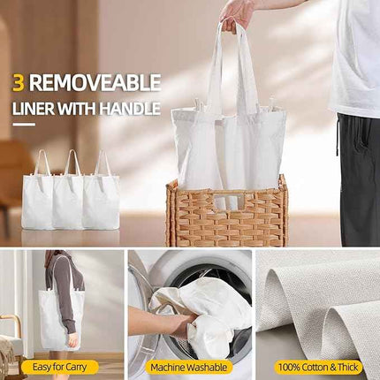 214 L Wicker Laundry Hamper with Lid 3 Section, Extra Large HandWoven Synthetic