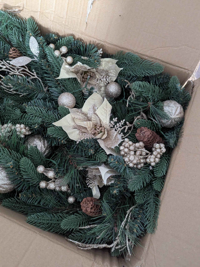 SHareconn 9FT Prelit Christmas Garland Decorations with Multi-Color LED Lights, Battery-Operated Timer, Lighted Garland with Ball Poinsettia for MantleTable Fireplace Stairs Railing Indoor Decor