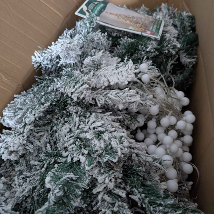 SHareconn 7ft Prelit Snow Flocked Artificial Holiday Christmas Tree with 350 Incandescent Warm White Lights, Foldable Stand, Snow Flocked Full Prelighted Xmas Tree W/1170 Branch Tips, 7.5 FT, White https://a.co/d/0bJx0XVN