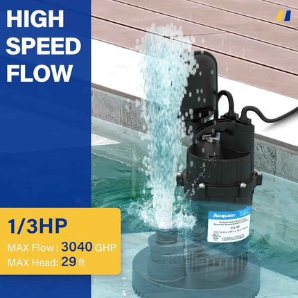 Acquaer 1/3HP Sump Pump, 3040GPH Submersible Clean/Dirty Water Pump with Automat