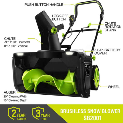 SnapFresh 40V Electric Snow Blower Cordless - 2 x 4.0Ah Battery 20-inch Brushles