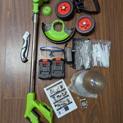 MUKHSIN Battery Powered Weed Wacker with Wheels, 650W Cordless Grass Trimmer, Telescopic Pole, 3-in-1 Blades (No Gloves)