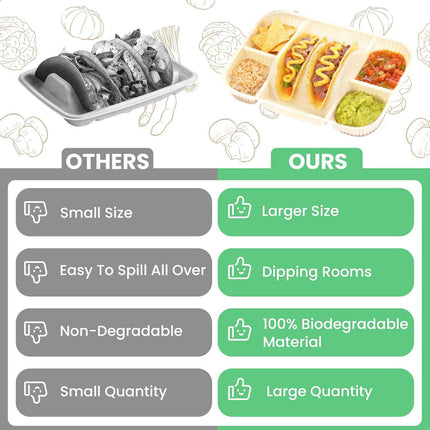 4-Compartment Disposable Taco Plates for 2 Tacos & 4 Sides | Extra-Deep Raised E