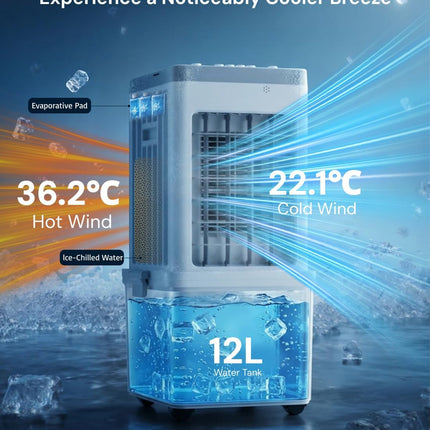 Mobile Evaporative Cooling Unit with 12L Water Tank, Quiet 35dB Air Cooler, 120°