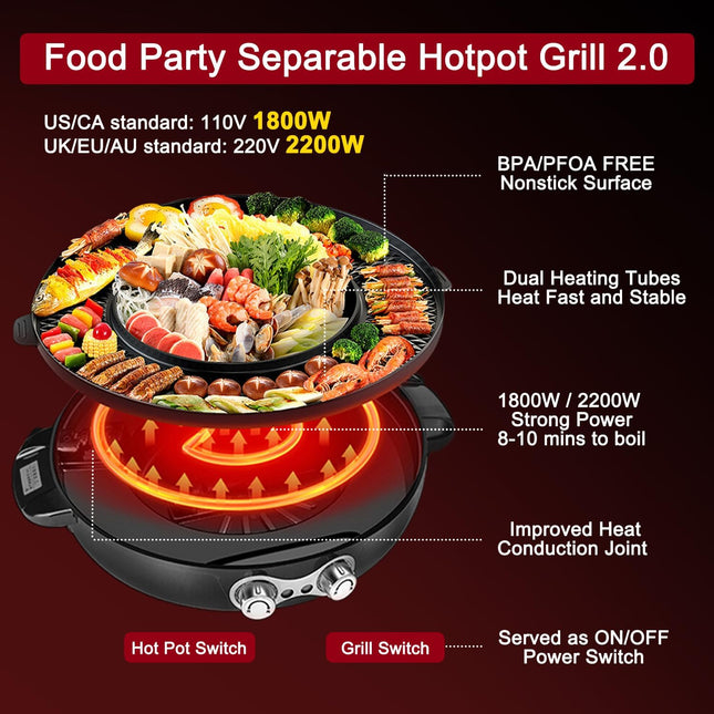 Food Party Hot Pot Electric Korean BBQ Grill Smokeless Indoor 2 in 1 Combo Hotpo
