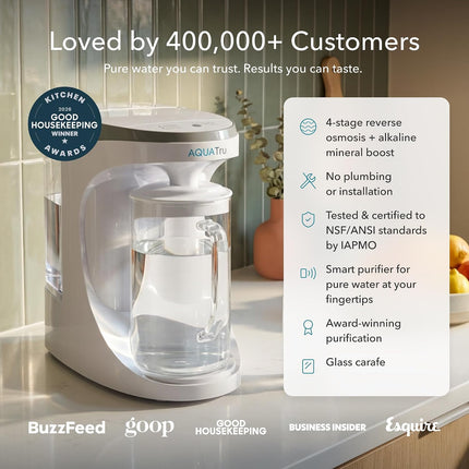 AquaTru Carafe Smart Alkaline Countertop Water Purifier, 4-Stage Reverse Osmosis Filter for PFAS & 80+ Contaminants