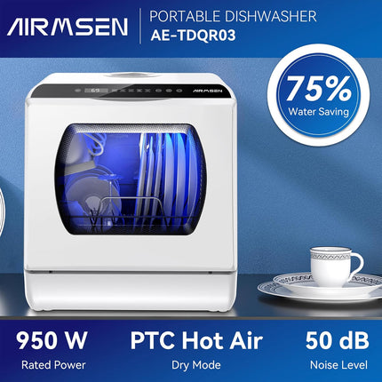 AIRMSEN AE-TDQR03 Countertop Portable Dishwasher, Compact Mini Dishwasher with 5