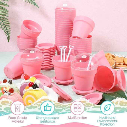 50 Pack Flowerpot Dessert Cup Plastic Cake Cups with Lid Shovel Spoon Bottom Tra