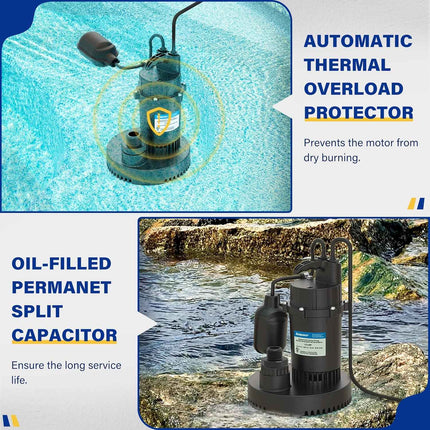 Acquaer 1/3HP Sump Pump, 3040GPH Submersible Clean/Dirty Water Pump with Automat