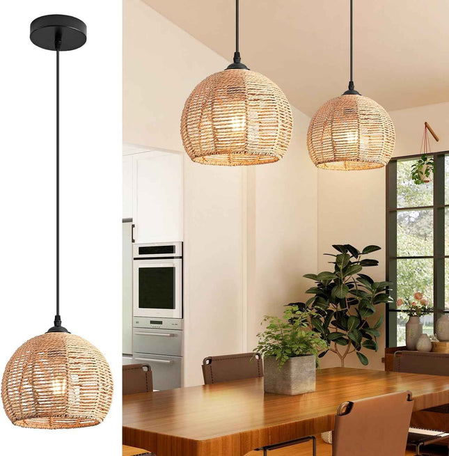 Mlihove Rattan Pendant Light 1-Light with Hand-Woven Shade 9.8inch, Rattan Light