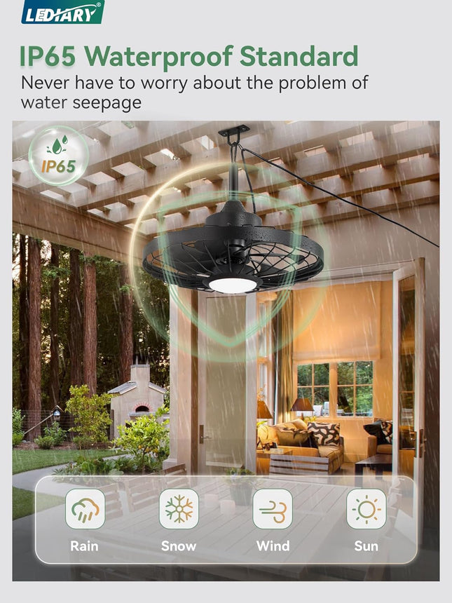 LEDIARY 20" Outdoor Ceiling Fan with Lights,IP65 Waterproof Gazebo Hanging Fan w
