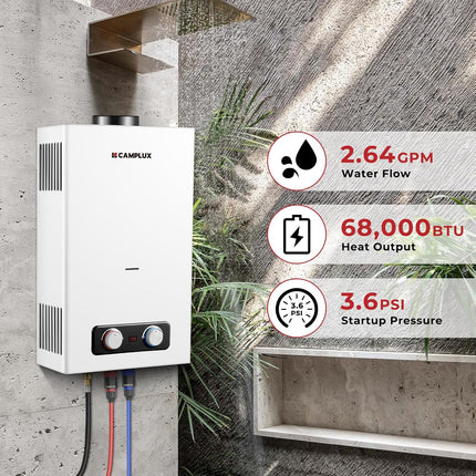 Camplux 10L Outdoor Portable Gas Water Heater, Tankless Propane Water Heater wit