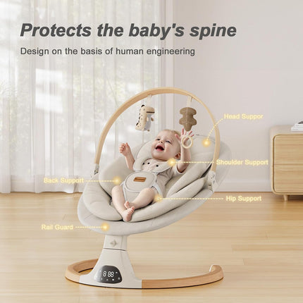 Monamii Bluetooth Baby Swing for Infants, 5 Sway Motions, 10 Melodies, Remote Control and Auto-Rocking, Light Beige