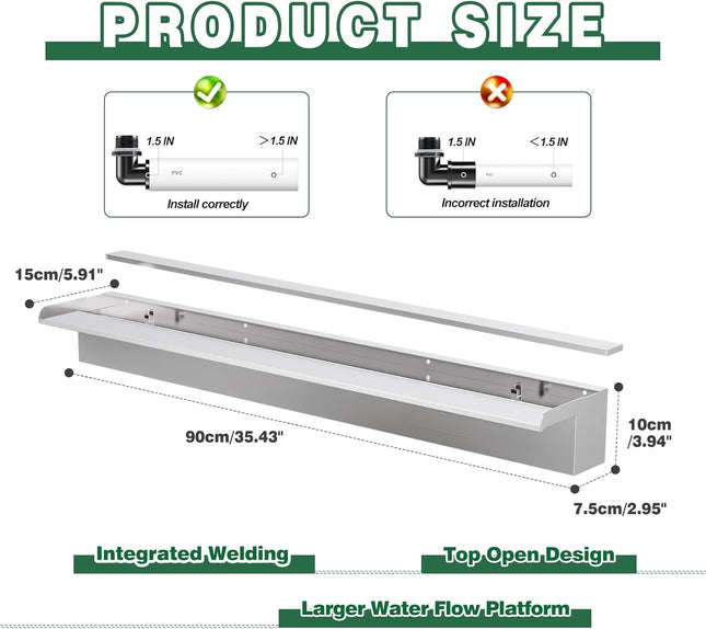 Waterfall Pool Fountain LONGRUNNEW 304 Stainless Steel 35.4" Rectangular Waterfa
