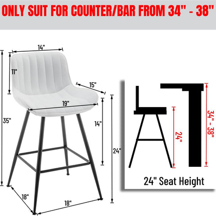 Whiterye 24’’ Bar Stools Set of 2 Modern Barstools White Bar Stools with Fabric